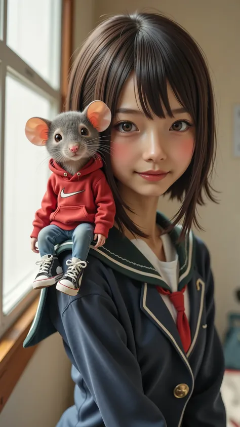 A house mouse standing on the shoulder of a beautiful Japanese schoolgirl in her brother's uniform、Is a house mouse a red hoodie、denim pants、wearing Nike sneakers、Mouse zoom up、