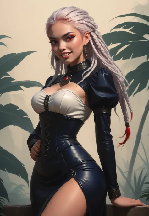 Slender body. Lean body-type. Marble-White skin. Fair skin. Cute 18-year-old Aztec and Indonesian girl with Asian red eyes and unnaturally sharp teeth and dreadlocks (bi-coloured hair: white and red hair). Intense red eyes. Sharp and shark-like teeth. She ...