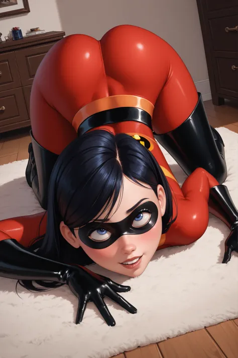 Anime1 girl, Violet Parr, rolling her eyes, blue eyes, sensual expression, incredibles outfit, black high cut panty briefs, red bodysuit leggings, small breasts, black gloves, black knee boots, long dark hair, ass up, indoors, pleasure, black eye mask