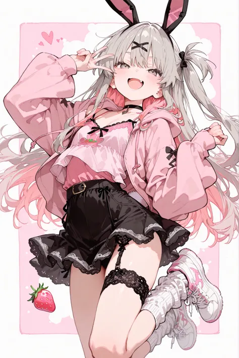 girls、1Girl、gray hair with pink inner color、bunny ears with lace、gray eyes、fang、I'm taking off my super long hair、cute、black choker、loose socks、Thick Soled Sneakers、Go for it!、Garter Belt、one side up hair、pink strawberry camisole、Pink baggy hoodie、miniskir...