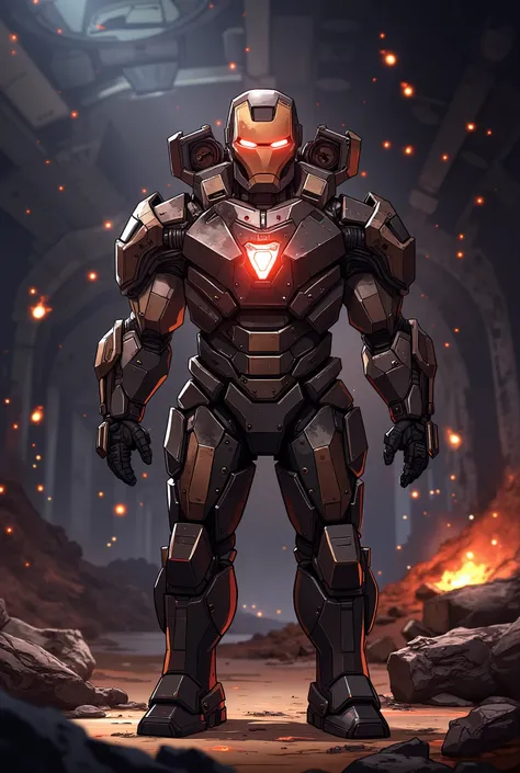 "A gritty, industrial prototype Iron Man suit in 2.5D animation style, heavily inspired by Arcane and Love Death + Robots. The armor is bulky, uneven, and made from salvaged military drone parts, old mining gear, and welded scrap metal. Each plate has dist...