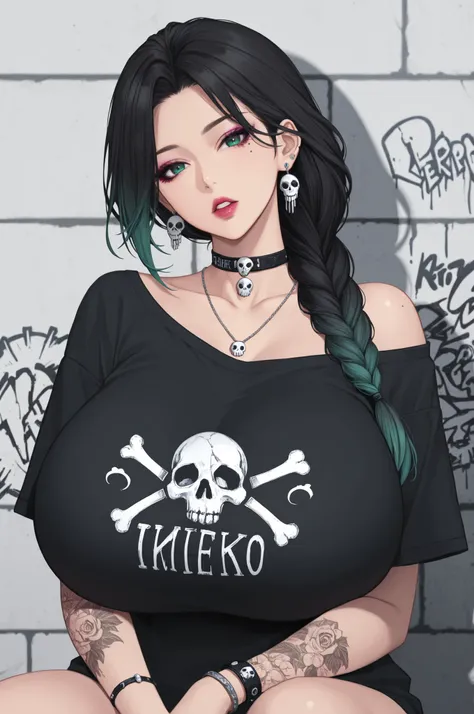 1girl, black hair, emerald eyes, long hair, braid, off shoulder, parted lips, multicolored hair, single braid, lips, bare shoulders, collar, makeup, earrings, shirt, choker, necklace, short sleeves, off-shoulder shirt, t-shirt, armlet, gigantic breasts, br...