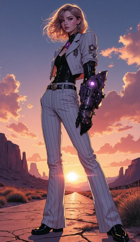 A masterpiece, cinematic film still from a 1980s high-fantasy sci-fi anime feature, style of Katsuhiro Otomo and Yoshitaki Amano. A towering, formidable bounty hunter, a woman of Native American descent, stands with stoic confidence on a cracked, desolate ...