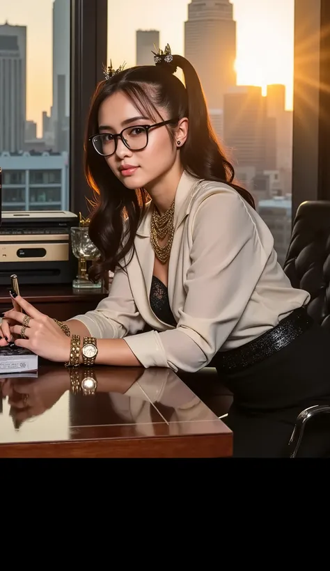 photorealistic, 8K, flux diffusion, waist-up composition, sensual female executive + (((seductive smile))) + (((keep the exact face details, haIr details and hair colour of the selected LoRA))) + (((big breasts, hourglass figure))), she is seated on polish...