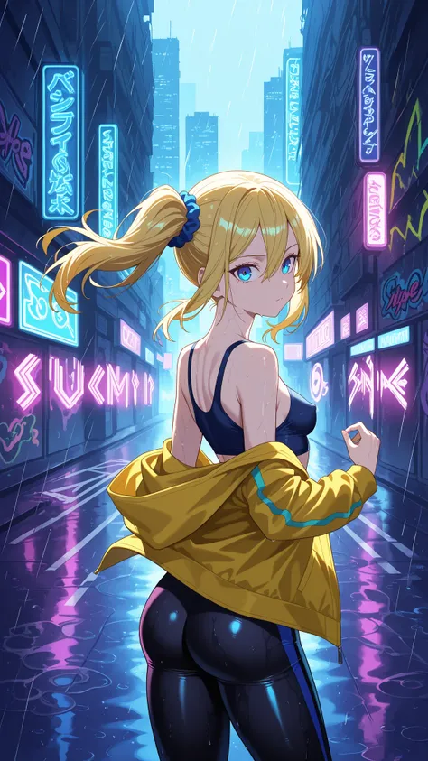 BREAK (masterpiece:1.2), best quality, high resolution, unity 8k wallpaper, (illustration:0.8), Nighttime urban skatepark glowing with neon lights, rain-soaked concrete reflecting purple and blue tones, colorful graffiti on the walls, scattered puddles shi...