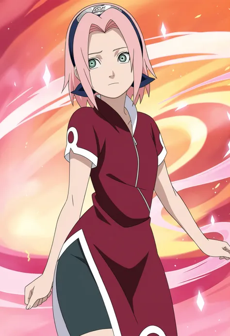 masterpiece, best quality, very detailed, , masterpiece, best quality, eyelashes, (Beautiful Eyes), cowboy shot,, Official anime Illustration, Official artwork, screencap,,Scarsdale, ,Sakura haruno, 1girl,solo, short hair, pink hair, green eyes,"Red sleeve...