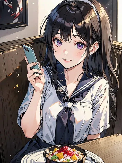 (very detailedCG Unity 8K), (top quality),(very detailed),(super high resolution), They have 8 heads and bodies, (((upper body))), Slender Body, dark haired, straight long hair, sailor uniform, short sleeve sailor suit, The hair band is white, (hair band a...