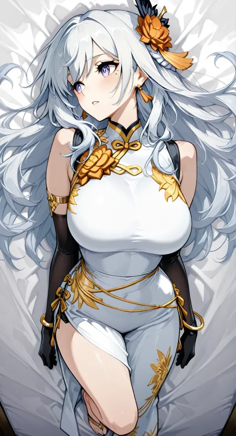 mole under eye、Armlet for left arm、bracelet for right wrist、sleeveless china ,anime girl Picture of a woman with long white hair and a flower in her hair, gray hairの deity, Anime Goddess, gray hairの, gray hairの lady, gray hair, Zodiac knight turning away, ...