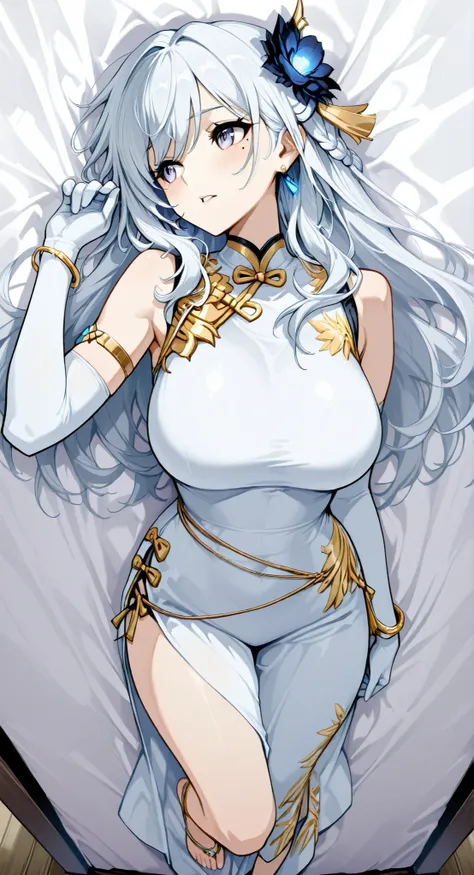 mole under eye、Armlet for left arm、bracelet for right wrist、sleeveless china ,anime girl Picture of a woman with long white hair and a flower in her hair, gray hairの deity, Anime Goddess, gray hairの, gray hairの lady, gray hair, Zodiac knight turning away, ...