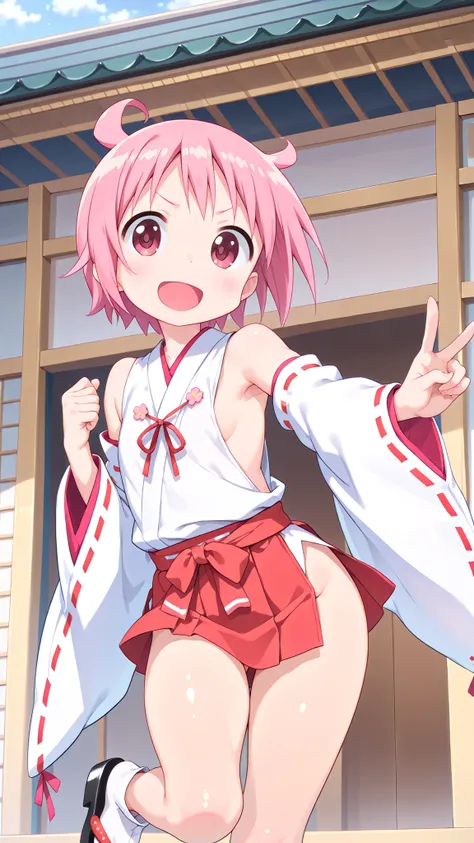 nonohara yuzuko, pink hair, short hair, ahoge, pink eyes,bangs,(nsfw),score_9, score_8_up, score_7_up, source_anime,,1girl, ((miko)),(tabi),(black okobo),  ((((mini slit red skirt)))),, Exposed thighs ,Obi knot, (flat chest) , ((side boob)) , (No panties) ...