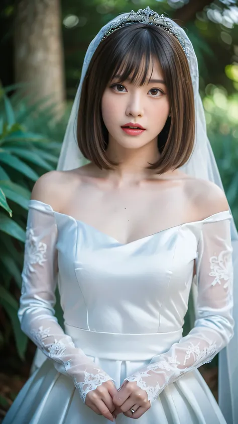 (taken directly from the front),(Photos of women in wedding dresses made of shiny pale blue satin fabric),(masterpiece, top quality , Ultra High Accuracy),very detailed CG,(Eye makeup to lengthen eyelashes),Straight bob hair with bangs,tiara hair accessory...