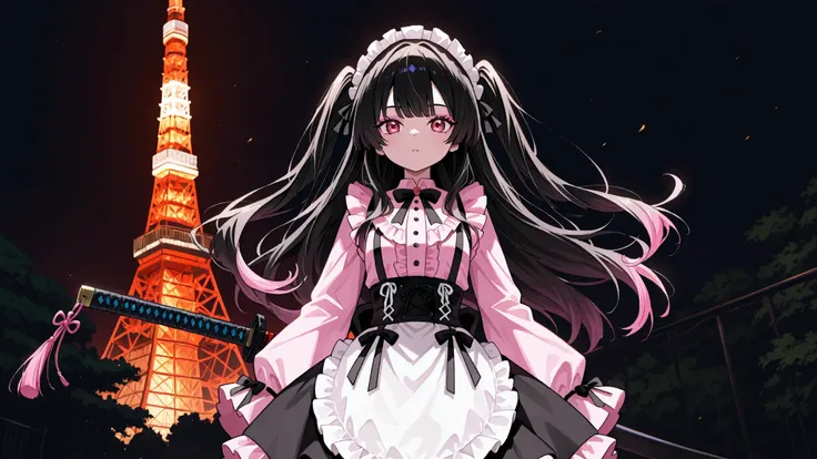 Landmine Concafe Girl、1 girl、 Gothic Lolita style maid clothes(pink blouse、Black Flare Skirt、white apron with frills)、pink eyeshadow、voluminous lashes、black long hair、two-side up hairstyle、hair flutters in the wind、( long Japanese sword 、 long samurai swor...