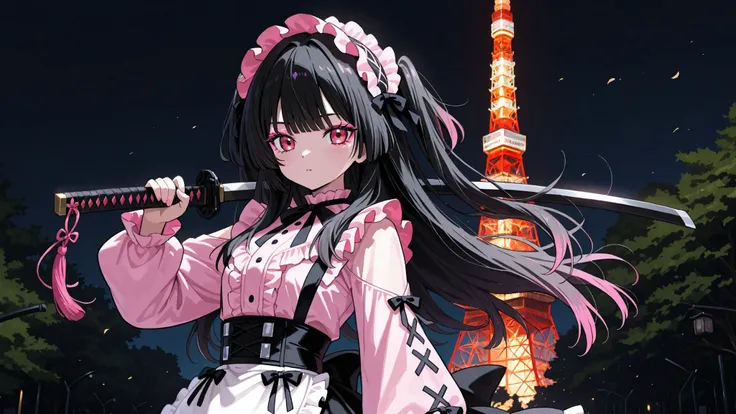 Landmine Concafe Girl、1 girl、 Gothic Lolita style maid clothes(pink blouse、Black Flare Skirt、white apron with frills)、pink eyeshadow、voluminous lashes、black long hair、two-side up hairstyle、hair flutters in the wind、( long Japanese sword 、 long samurai swor...