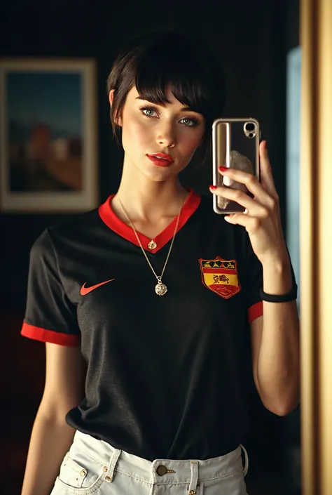 (sexy), (Sara Jean Underwood), (Sara Jean Underwood's facial features), (Sara Jean Underwood's face), (Sara Jean Underwood's body), ((Silky jet black pixie cut hair with bangs)), (green color eyes, eyes perfectly defined, pretty eyes), Detailed face, twent...