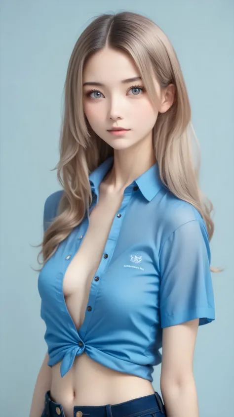 perfect anatomy、very realistic skin texture、Small face woman、Single Girl、gradation hair、Hair that changes from red to white、grey eyes、Beautiful Eyes、(((Nice blue shirt、business shirt:1.37、 unbuttoned Y-shirt )))、small breasts、hotpants、teenager、Morning ...