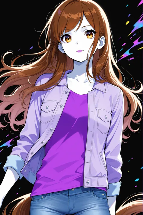 A girl with long straight brown hair, hazel eyes, sharp features, white skin, light cherry lip gloss, beautiful, perfect horse tail hairstyles, wearing a purple t-shirt, jeans jacket, front look, accurate technician, bright and clear colors, high quality r...