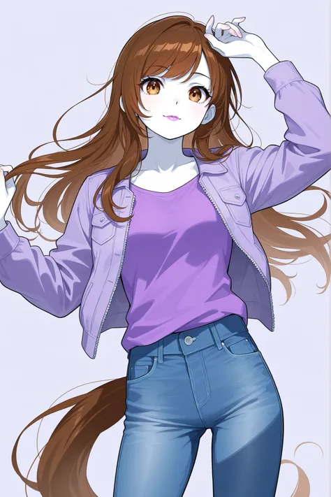 A girl with long straight brown hair, hazel eyes, sharp features, white skin, light cherry lip gloss, beautiful, perfect horse tail hairstyles, wearing a purple t-shirt, jeans jacket, front look, accurate technician, bright and clear colors, high quality r...
