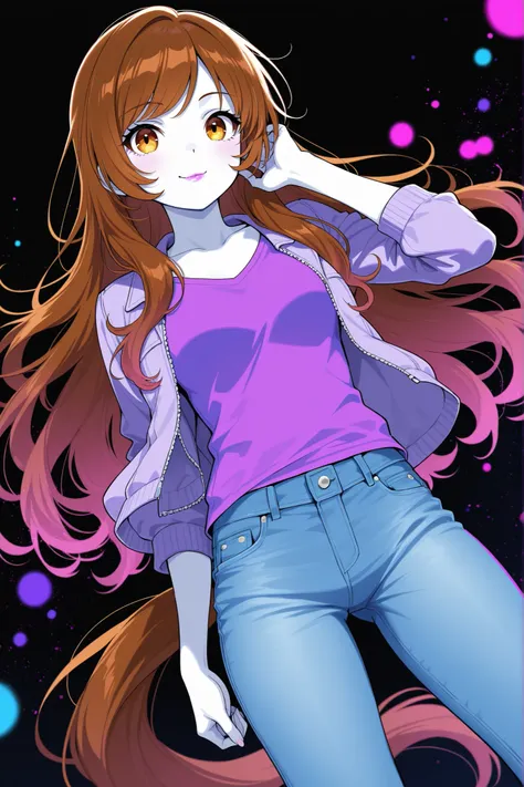 A girl with long straight brown hair, hazel eyes, sharp features, white skin, light cherry lip gloss, beautiful, perfect horse tail hairstyles, wearing a purple t-shirt, jeans jacket, front look, accurate technician, bright and clear colors, high quality r...