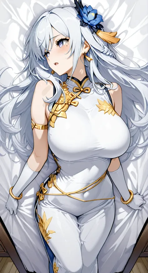 mole under eye、Armlet for left arm、bracelet for right wrist、sleeveless china ,anime girl Picture of a woman with long white hair and a flower in her hair, gray hairの deity, Anime Goddess, gray hairの, gray hairの lady, gray hair, Zodiac knight turning away, ...
