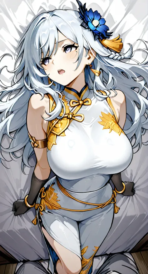 mole under eye、Armlet for left arm、bracelet for right wrist、sleeveless china ,anime girl Picture of a woman with long white hair and a flower in her hair, gray hairの deity, Anime Goddess, gray hairの, gray hairの lady, gray hair, Zodiac knight turning away, ...