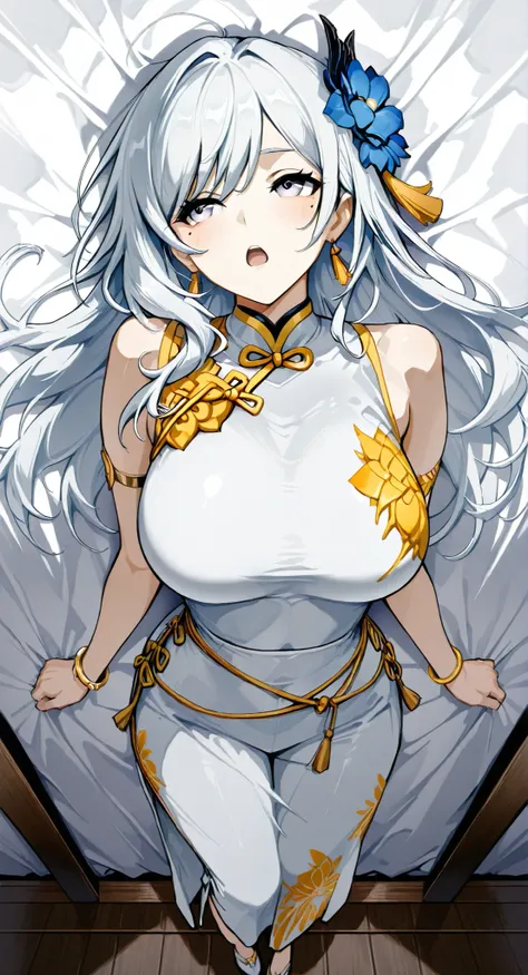 mole under eye、Armlet for left arm、bracelet for right wrist、sleeveless china ,anime girl Picture of a woman with long white hair and a flower in her hair, gray hairの deity, Anime Goddess, gray hairの, gray hairの lady, gray hair, Zodiac knight turning away, ...