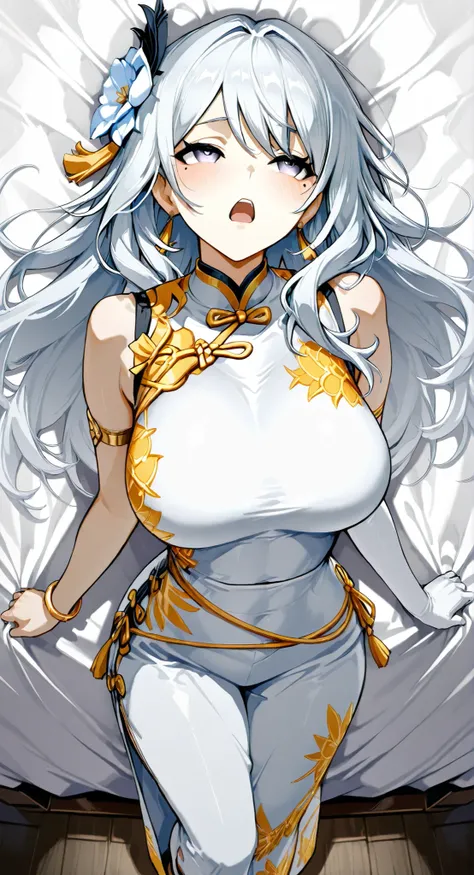mole under eye、Armlet for left arm、bracelet for right wrist、sleeveless china ,anime girl Picture of a woman with long white hair and a flower in her hair, gray hairの deity, Anime Goddess, gray hairの, gray hairの lady, gray hair, Zodiac knight turning away, ...