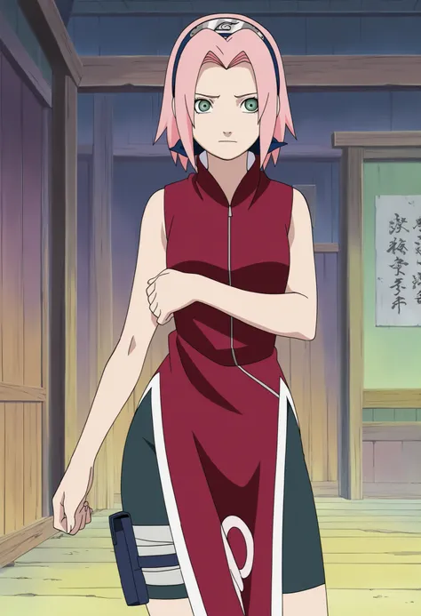 masterpiece, best quality, very detailed, , masterpiece, best quality, eyelashes, (Beautiful Eyes), cowboy shot,, Official anime Illustration, Official artwork, screencap,,Scarsdale, ,Sakura haruno, 1girl,solo, short hair, pink hair, green eyes,"Red sleeve...