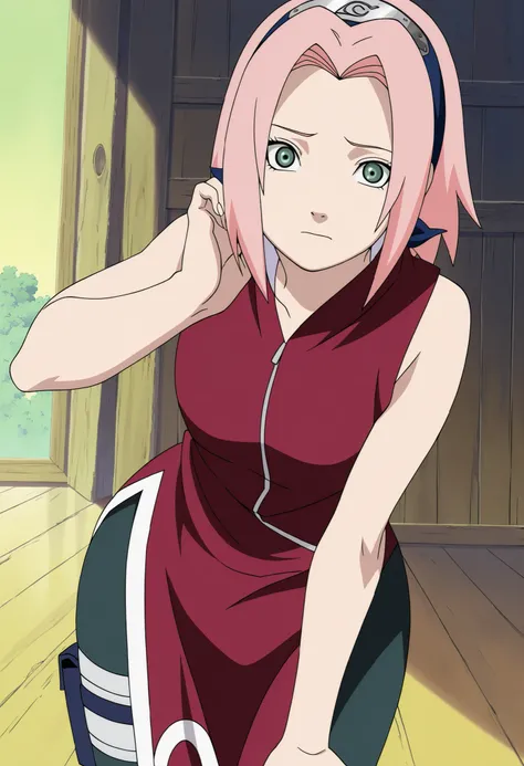 masterpiece, best quality, very detailed, , masterpiece, best quality, eyelashes, (Beautiful Eyes), cowboy shot,, Official anime Illustration, Official artwork, screencap,,Scarsdale, ,Sakura haruno, 1girl,solo, short hair, pink hair, green eyes,"Red sleeve...