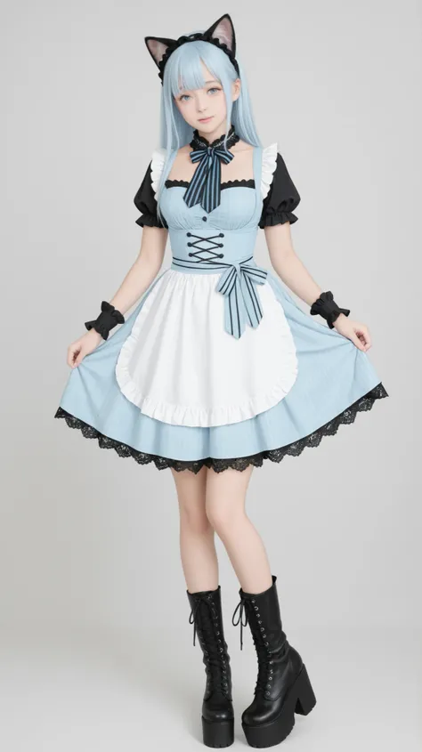 attractive poses, Exquisitely Designed Outfits, modestly gold on a two-color block of light blue and white dirndl DECORATION , black lace collar and puffed sleeves with multiple layers , Pastel Gothic Style Apron with Lace and Ruffles on Light Blue and W...