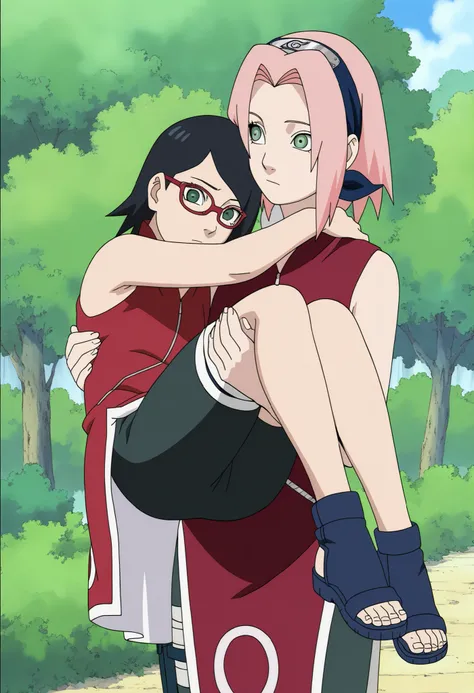 masterpiece, best quality, very detailed, , masterpiece, best quality, eyelashes, (Beautiful Eyes), cowboy shot,, Official anime Illustration, Official artwork, screencap,,Scarsdale, ,Sakura haruno, 1girl,solo, short hair, pink hair, green eyes,"Red sleeve...