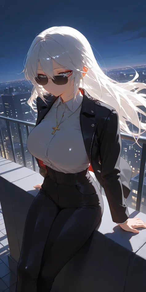 1girl, grey_eyes, scar, muscles, solo, pants, shirt, full_body, hair_between_eyes, jacket, black jacket, open jacket, high-waist_pants, sunglasses, jacket, collared_shirt,  expressionless, tired, solo,1girl, white hair, long hair,cute,lonely\).sitting at t...
