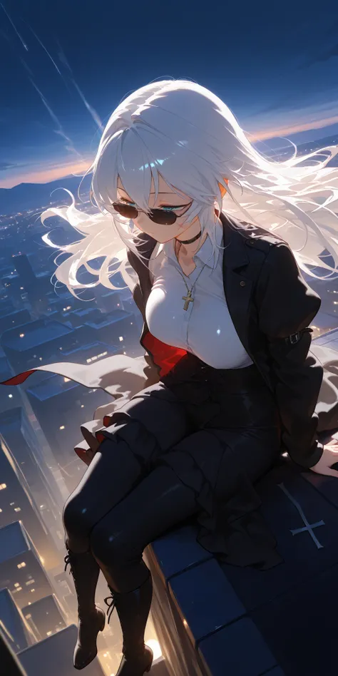 1girl, gray_Aizu, scar,  Enquiry, alone, pants, shirt, saturated_body, hair_between_Aizu, jacket, black jacket, open jacket, high waist_pants, sunglasses, jacket, with a collar_shirt,  expressionless, I'm lying on my back , alone,1girl, white hair, long ha...