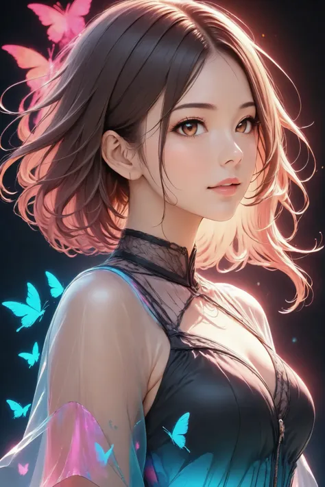 (Double exposure:1.3) High Quality, 8K ultra HD, A beautiful Double exposure that combines an goddess silhouette with sunset coast, and the background is a night neon street,  details are built into women  , Front Map, upper body, bust shot, sharp line, as...