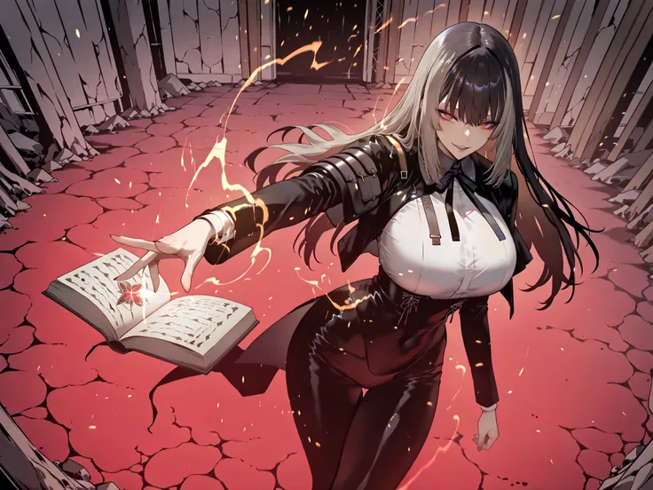 Ball of Light、雷magic、taken from above、caveの中、Ruins、black suit、black longsuit、 black long jacket、ゴスロリなshirt、Depressed、Tall Woman、A woman in her thirties、 Alassah's woman、Steins;Gate、 black longsuit 、score_9, score_8_up, score_7_up, Source_anime,masterpiece、...