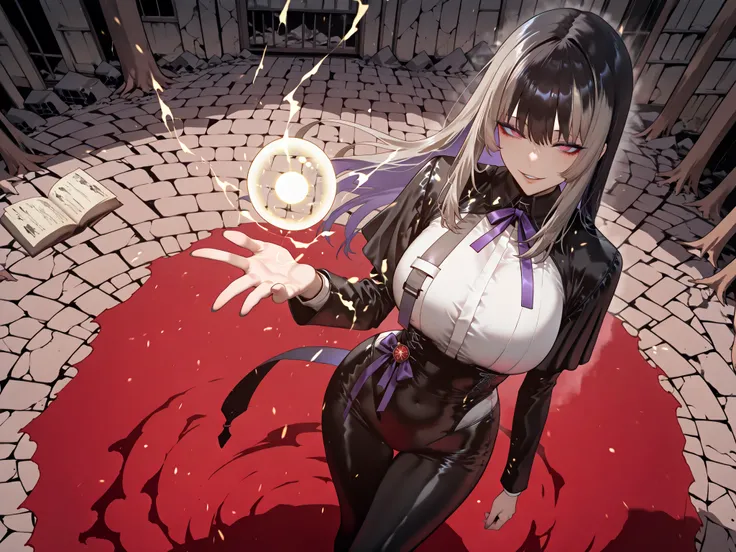 Ball of Light、雷magic、taken from above、caveの中、Ruins、black suit、black longsuit、 black long jacket、ゴスロリなshirt、Depressed、Tall Woman、A woman in her thirties、 Alassah's woman、Steins;Gate、 black longsuit 、score_9, score_8_up, score_7_up, Source_anime,masterpiece、...