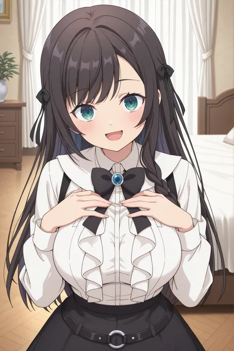 {{{masterpiece}}}, {{{best quality}}}, {{ultra-detailed}}, (detailed skin texture),solo,
alina clover (girumasu), long hair, black hair, swept bangs, (black hair ribbon), single braid, blue eyes, (green eyes:0.8), beautiful breast, white blouse, suspen...