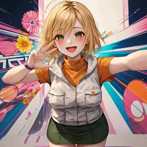 **Prompt:**   half body portrait,  Create a vibrant and charming portrait of a cute girl resembling Heather Mason waifu. She is alone, showcasing her best body shape with an endearing presence. She has short, stylish blonde hair that adds to her playful au...