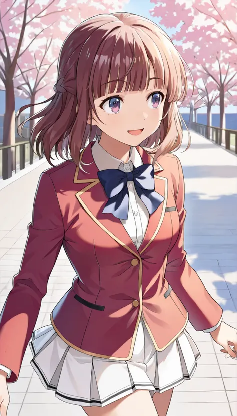 a girl ,solo ,brown hair, medium hair, braided , blunt bangs, blue bow tie, red blazer,long sleeve blazer, White Skirt, pleated skirt , White Knee-High, smile, medium breast ,cherry blossoms, school, outdoor, walking, open mouth , cowboy shot ,sm...