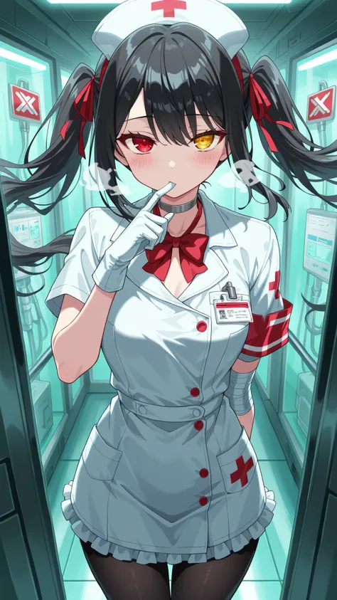 BREAK (masterpiece:1.2), best quality, high resolution, unity 8k wallpaper, (illustration:0.8),looking at viewer, (beautiful detailed eyes:1.6),high-tech quarantine hospital ward, sealed glass rooms, red warning lights glowing, sterile environment, futuris...