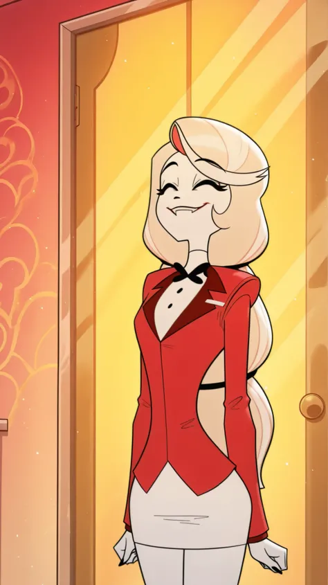 High qualitand, 1 girl, ((charlie morningstar)), big hips,and . Su atuendo incluande una camiseta blanca ajustada extendida sobre, a skirt, She has a slight smile . . El fondo es sencillo su habitación roja and algunos cojines