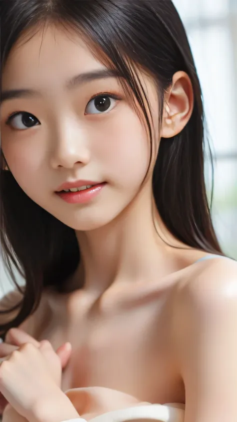  bangs、Beautiful Breasts、 Camisole 、black eyes、looks into the camera、surprised expression、(topless:1.7)