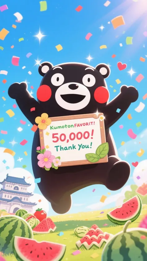 Kumamon with lots of smiles、Large「50,000FAVORIT！thank you♡」Scene。Kumamon's characteristic red cheeks swells、The figure that makes her eyes shine and jumps happily。confetti and heart marks dance in the background、creates a sense of blessing with sparkling effects。around Kumamon holds a handwritten thank-you board called Kumamoto Castle and the prefectural flower Hanashobu、Kumamoto specialties such as watermelons and karashirenkon are arranged in a cute shape。uses pop and bright colors overall、composition full of festive mood。celebration scene、mascot character、thank you message、confetti effect、sparkling atmosphere、cute illustration、happy moment、colorful design、kawaii style、commemorative image