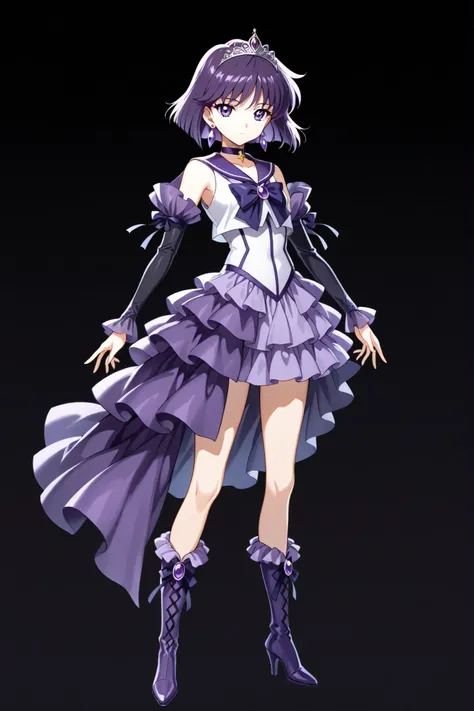 best quality, masterpiece, 4k resolution, hyper-detailed, best-quality, source_anime, 1girl, full body, solo, hotaru tomoe, purple eyes, short hair, purple hair, circlet, tiara, brooch, choker, amethyst earrings, white top, tight top, black-violet arm slee...