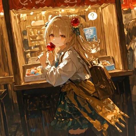 Courtesan、(smiling:0.7)、question mark on my head、Fair、stall、eating and walking、I'm going to eat a candy apple、Age 25