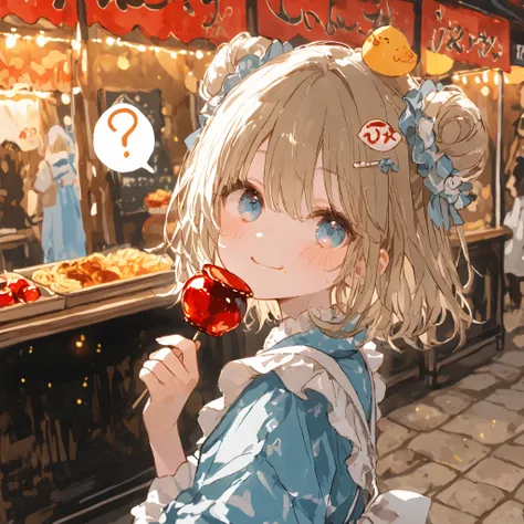 Courtesan、(smiling:0.7)、question mark on my head、Fair、Food stall tour、I'm going to eat a candy apple