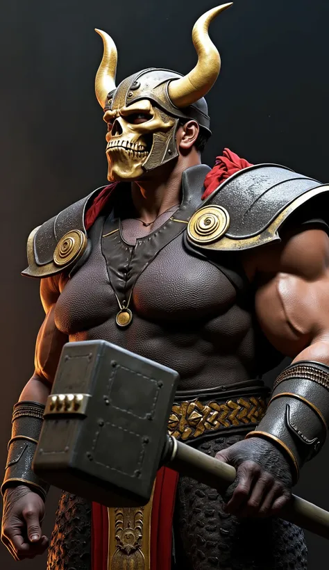 Arnold as Shao Kahn from Mortal Kombat in a realistic version focusing on the face 
An imposing warrior with heavy armor and intimidating appearance. He wears a golden helmet and a mask with horns on the helmet with menacing skull features. Your armor is s...