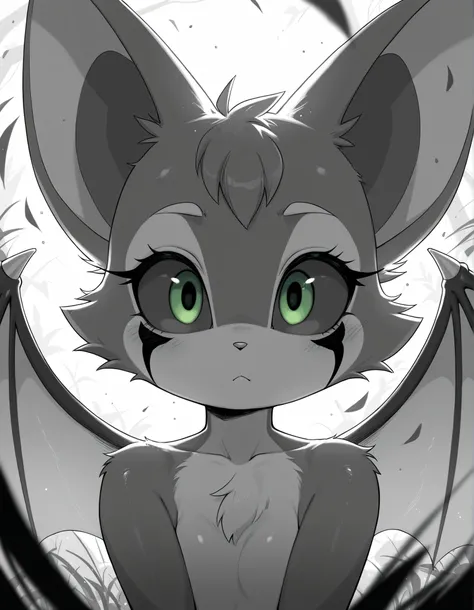greyscale, monochrome,, masterpiece, best quality, very aesthetic, (1girl:0.7),, (solo:1.3), furry, fidget \(elysian tail\), nimbat, fidget_daet, anthro, furry female, wings, tail, green eyes, colored sclera, bat wings, facial markings, orange fur, white f...