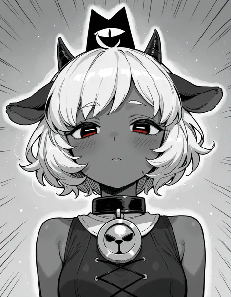 greyscale, monochrome,, masterpiece, best quality, very aesthetic, 1girl, solo, cult of the lamb, sheep girl, collar, horizontal pupils, red/black eyes, red crown,