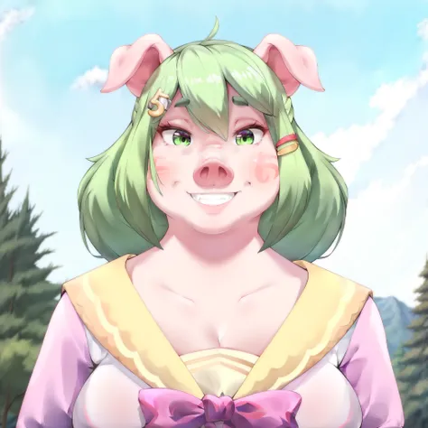 Masterpiece, best quality, high resolution, headshot, close-up, portrait, 1girl, best quality, ultra-detailed, (masterpiece, best quality:1.3), 1female, adult, anime, mature female, smile, age 30-40, curvy, milf, mother, `pig`, `high school pig girl`, solo...