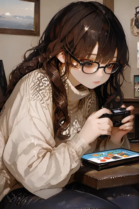 Slchubtyy,,748cmstyle,atmospheric photo realistic,masterpiece, best quality, Hyper detailed, High detail, Exquisite detail, Asian, girl, dark brown shoulder-length curly hair, black eyes, nerd, turtleneck sweater, black jeans, gamer, front of pc, playing g...